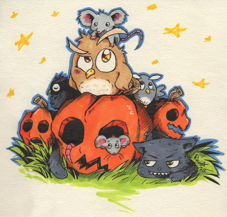 Illustration Halloween - Kürbis, Eule, Katze - Racuun