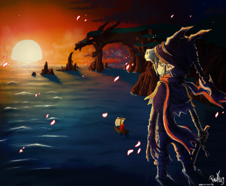 Illustration Drachenfelsen im Sonnenuntergang von Racuun
