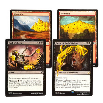 MTG Magic altered Art von Racuun - Anje Commander Cheese: Mountain, Dark Withering, Curse of Fool's Wisdom